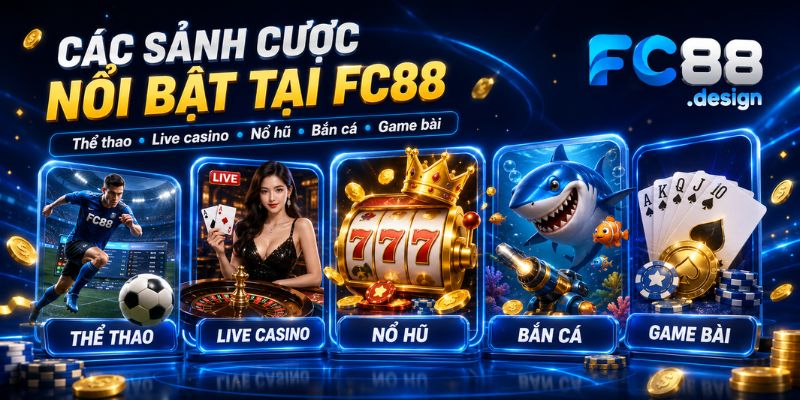 Các sảnh cược nổi bật tại FC88 gồm thể thao, casino, nổ hũ, bắn cá và game bài